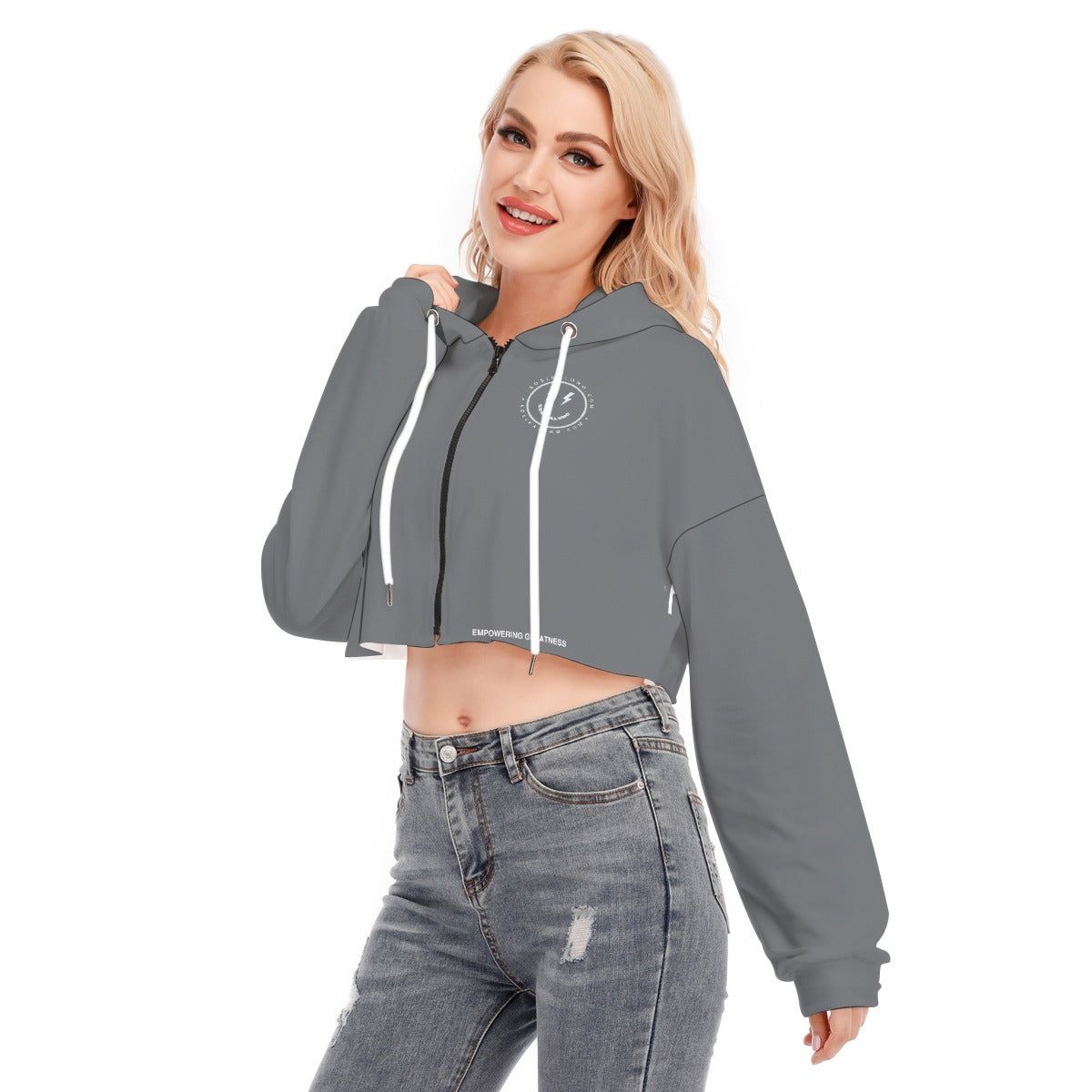 Grey Women's Cropped Hoodie With Zipper