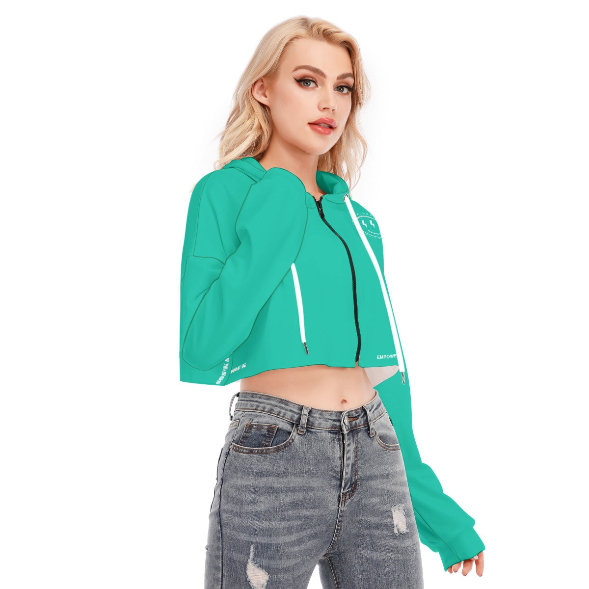 Teal Women's Cropped Hoodie With Zipper